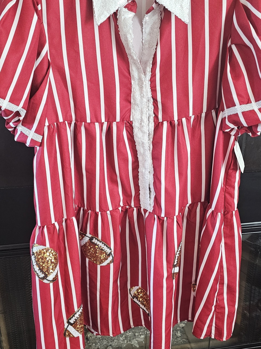 Altar'd State Wine and White Striped Dress with Sequin-Trim Collar